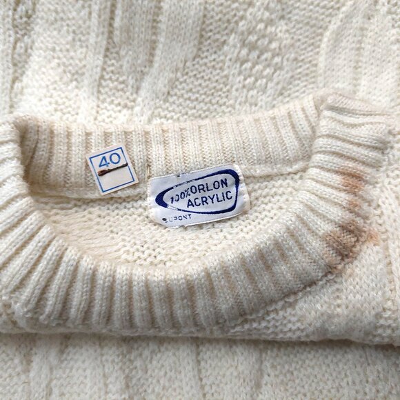 Vintage 1940s-1950s Cream Cable Knit Long Sleeve Crewneck Sweater Medium - Picture 8 of 9